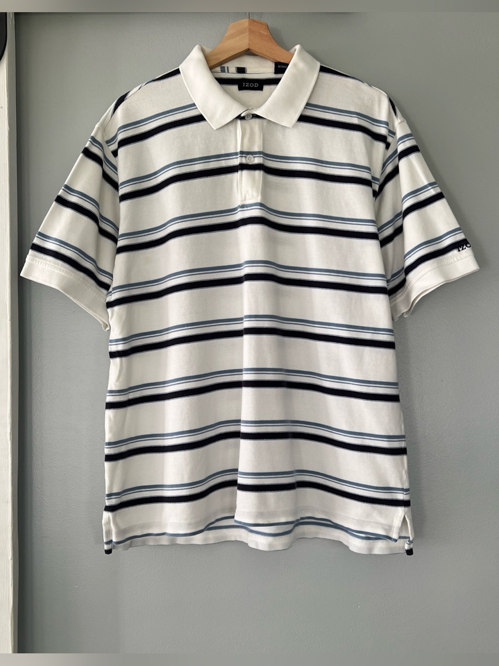 Izod White Polo Shirt with Navy and Light Blue Stripes 100% Cotton